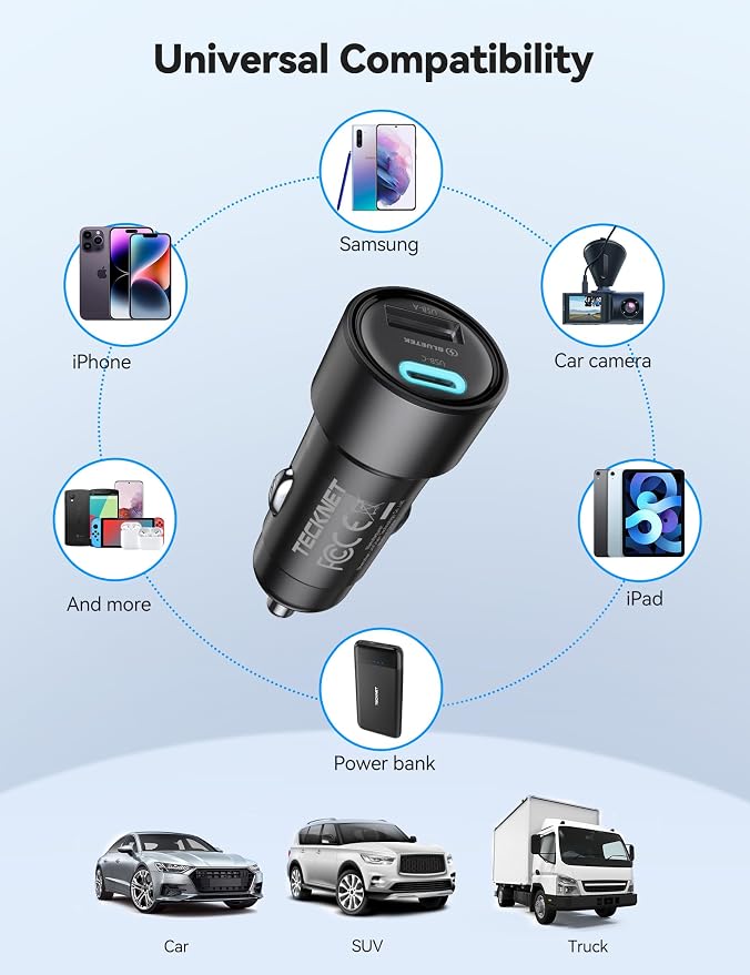USB Car Charger[2Pack], 48W 2-Port Cigarette Lighter Fast Chargering, PD&QC3.0 USBC Car Charger Adapter Compatible with iPhone 17/16/15/14 Pro Max/Plus Galaxy