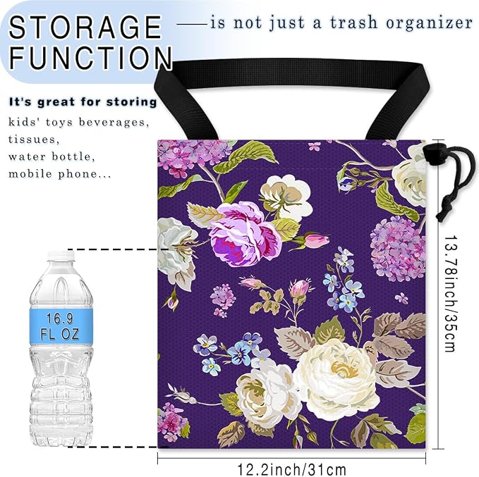 Car Trash Bag Hanging Back of Seat Waterproof Small Cute Printed One-Handed Strap Drawstring Garbage Bags for Car-Purple Floral