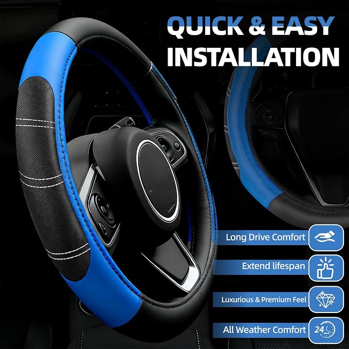 6 Pcs Blue Car Accessories Set, Sport Leather Steering Wheel Cover 14.5-15inch Universal, Microfiber Leather Car Center Console Cover, Seat Belt Cushion, Cup Holder Coaster (Black-Blue)