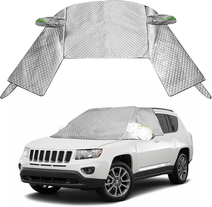 Windshield Window Snow Cover with 2 Hooks and 2 Mirror Covers Ice and Snow Front Window Sunshade Cover Fit for SUVs, Trucks, Cars (White-SUVs)