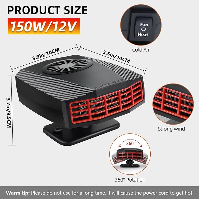 Car Heater,12V Fast Heating and Cooling Fan Portable Windshield Defogger and Defroster Plug into Cigarette Lighter(Red Black）