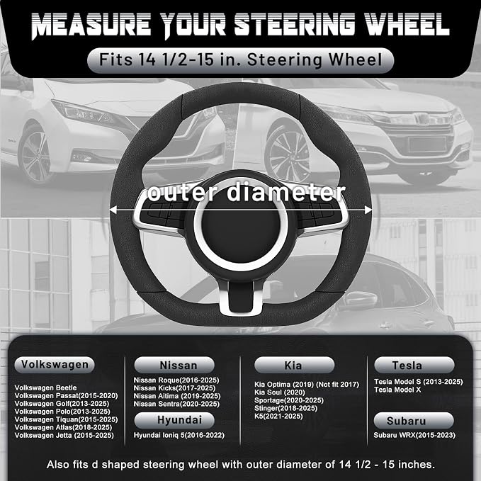 D Shaped Steering Wheel Cover for 14.5-15 inch Flat Bottom Wheels, Breathable Perforated Microfiber Leather, Anti-Slip Grip, Universal Fit for Cars & SUVs, Black and Gray