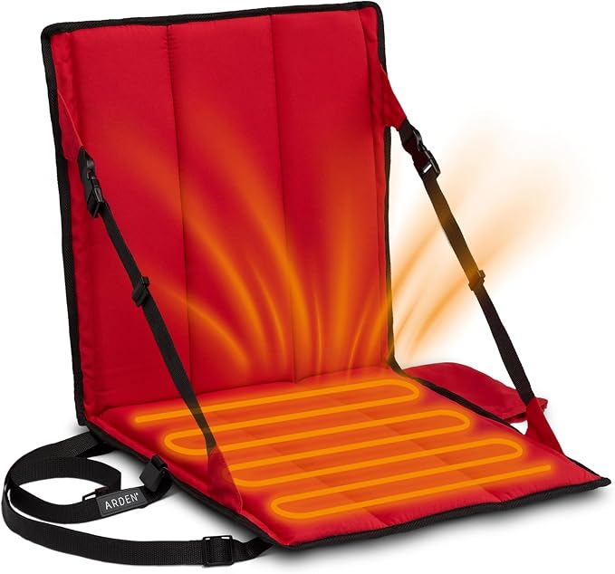 Heated Stadium Seat, Foldable, Lightweight with Carrying Strap, Foam Cushion for Comfort, Adjustable, Back Support, Multi-Functional Use As Stadium Seat or Seat Pad, Red Dyed Solid