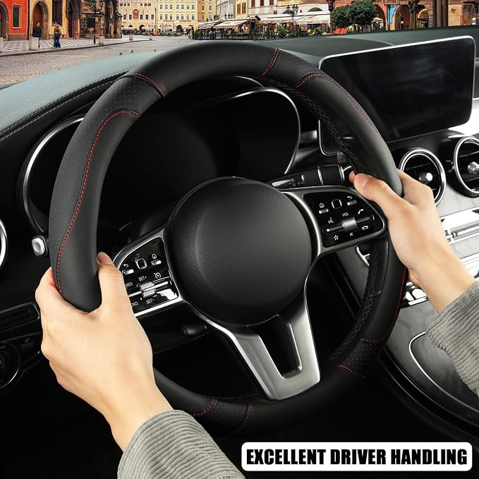 Black Microfiber Leather Steering Wheel Cover 15 inch | Breathable Anti Slip Grip Cool Sporty Look Glow for Women Men