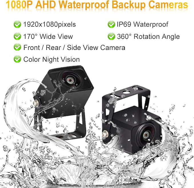 AHD Dual Backup Camera with 7'' 1080P DVR Monitor, Front and Rear View Camera Waterproof Night Vision Reversing Camera for Truck Pick Up RV Camper Bus 12V-36V