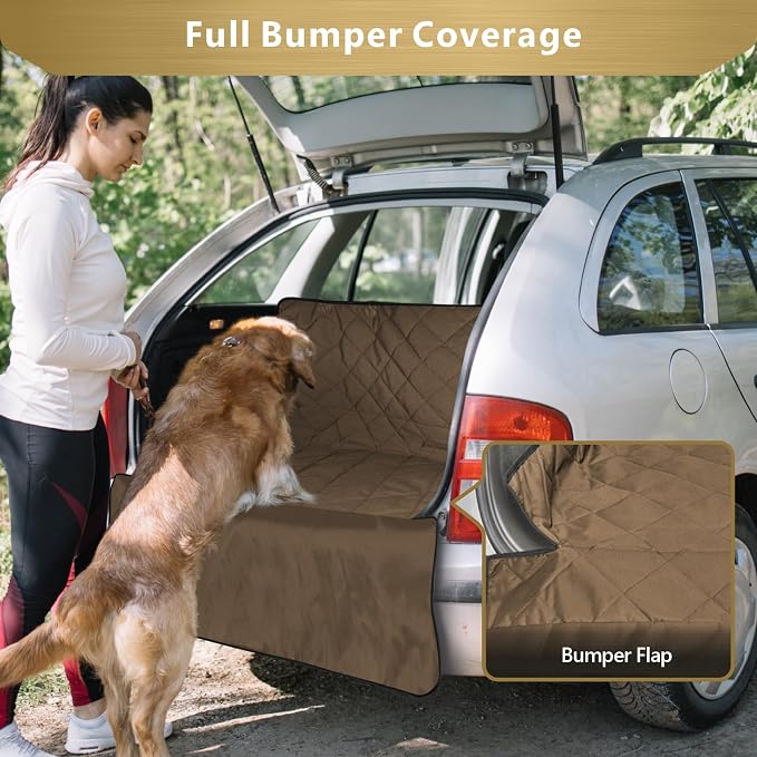 SUV Cargo Liner for Dogs, Water Resistant Pet Cargo Cover Dog Seat Cover Mat for SUVs Sedans Vans with Bumper Flap Protector, Non-Slip, Large Size Universal Fit, Brown