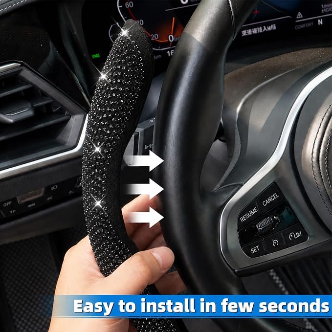 Bling Steering Wheel Cover for Women, 3PCS Crystal Rhinestone Car Steering Wheel Protector Covers, Sparkly Decoration for Most Steering Wheels, Bling Car Interior Accessories (Black Diamond)