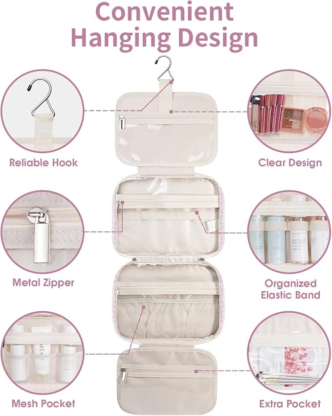 Hanging Toiletry Bag for Women Travel Makeup Bag Organizer Toiletries Bag for Travel Size Essentials Accessories Cosmetics (Pink Flower Buds (Medium))