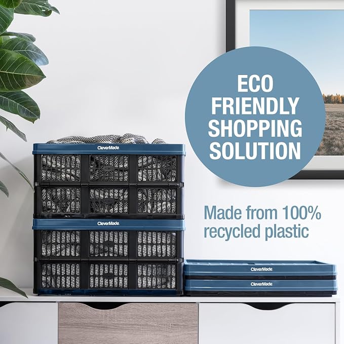 Collapsible Utility Crates, Ocean, 3 Pack, 45L/11 Gal, 66 lbs Capacity, Stackable Containers, Heavy Duty, Space-Saving Baskets,Polypropylene (PP)