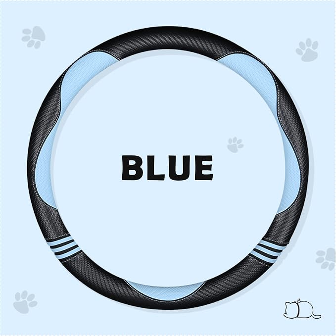 Car Steering Wheel Covers for Women Girl Padded Carbon Fiber PU Leather Cute Cartoon Auto Interior Accessories for Jeep, Truck, Universal, Anti Slip, Blue, Large Size, 15.2-16in