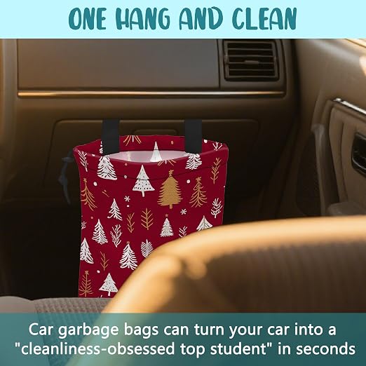 Car Garbage Bag White and Gold Xmas Trees Hanging Canvas Car Trash Bag Drawstring Car Back Seat Organizer for Car Back Front Seat Console with Adjustable Buckle