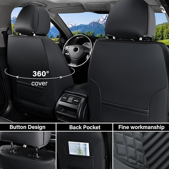 Coverado Car Seat Covers, Waterproof Nappa Leather Seat Cushion for Cars 5 Seats, Front and Rear Automotive Seat Cover Car Accessories, Universal Fit for Most Cars SUV Trucks, Full Set, Black