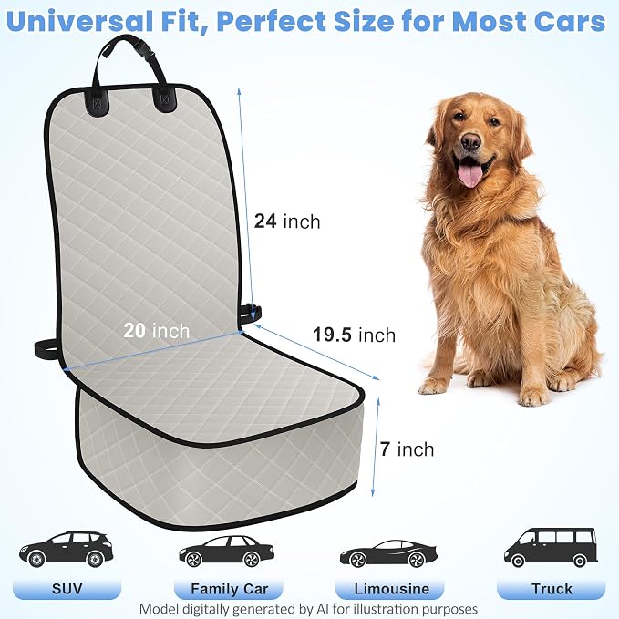 Dog Car Seat Covers, Waterproof Front Seat Cover for Dogs, Scratch-Proof, Nonslip Pet Passenger Seat Cover Protector, Universal Fit for Cars Trucks SUVs, Standard Size, Beige