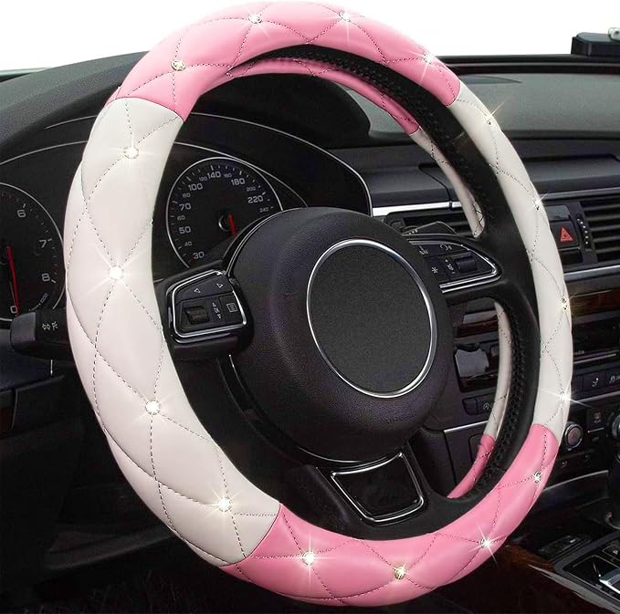 White Pink Steering Wheel Cover, Anti-Slip Steering Wheel Protector with Crystal Rhinestones Microfiber Leather, Steering Wheel Cover for Women and Girl Fit 14.5-15 inch