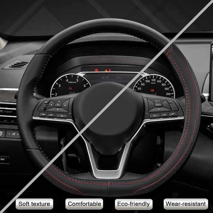 Customized Auto Car Steering Wheel Cover for Nissan,D Shaped Steering Wheel Cover for Rogue,Altima,Kicks (D-Shaped-Black+Red Line)