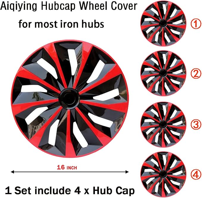 Hubcap Wheel Cover Replacement R16 Hub Caps Universal-Fit Steel Wheel Rim Cover ABS Material Exterior Accessories for Car Truck SUV -Set of 4（16-inch，Red-Black）