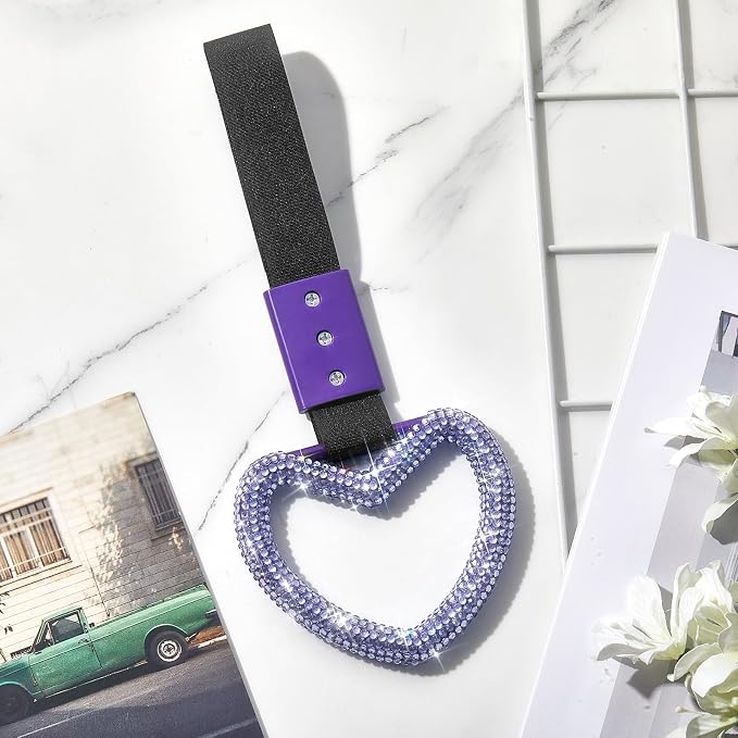 Bling Car Accessories Bling Heart Handle Ring Car Accessory for Women Hearts Strap Drift Charm Rear Bumper Warning Ring Decoration for Auto Bus Interior Exterior (Light Purple,Heart Style)