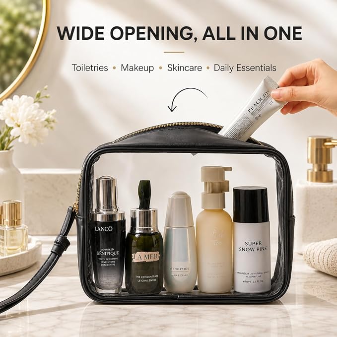 Clear Makeup Bags with Zipper, TSA Approved Travel Toiletry Bag,Clear Cosmetic Bag, Waterproof Make Up Bag for Women (Stand-up, Black, 1 Small + 1 Medium + 1 Large)