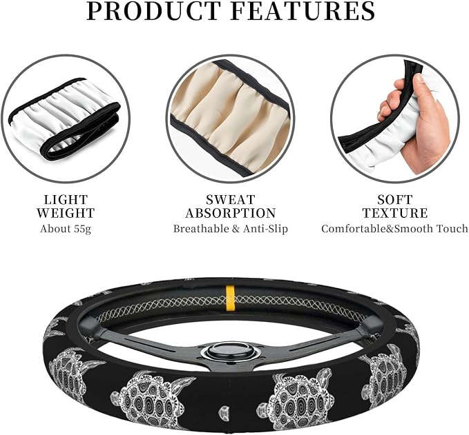 Elastic Sea Turtle Car Steering Wheel Cover Protector Upgrade Thicken,Mandala Black,Anti Slip Stretchy Soft Car Accessories Interior Decor for Diverse Cars Truck SUV for Men Women Universal 15 Inch