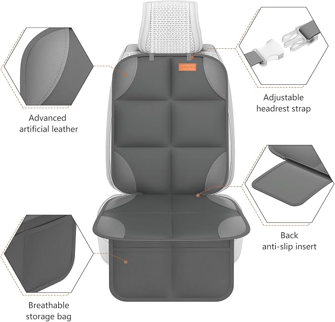 Car Seat Protector for Child Car Seat - Waterproof 600D Fabric Baby Seat Protectors for Non-Slip Backing Mesh Pockets for Baby and Pet, Easy Storage（Dark Gray）