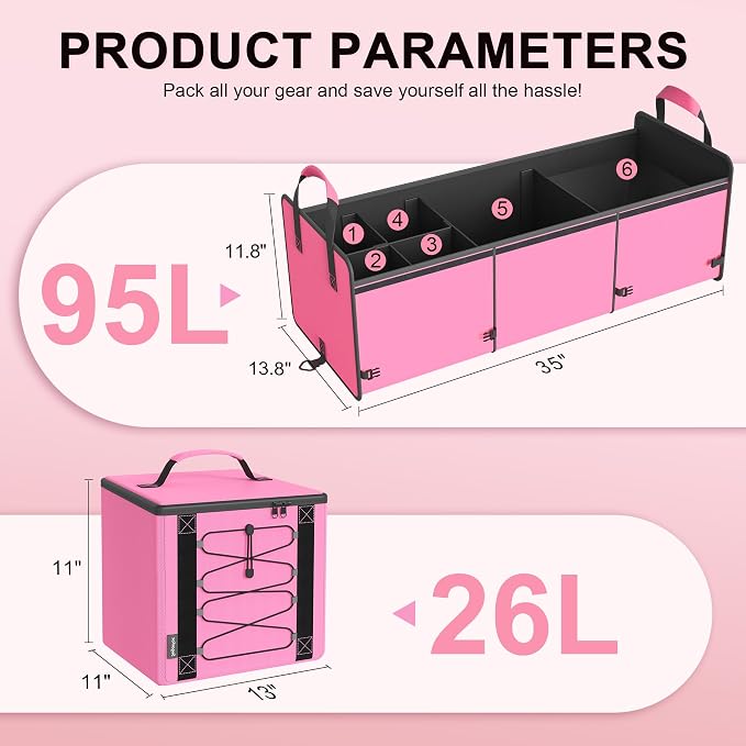 Bold Color Block Trunk Organizer | 95L, 35"x13.8"x11.8" | Dedicated Shoe Storage & 26L Ice Pack | Foldable for SUV/Car/Jeep | Stylish Gift & Car Accessories for Men & Women - Pink-X212