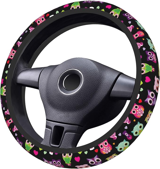 Cartoon Colorful Owl Steering Wheel Cover Auto Steering Wheel Protector Anti-Slip Breathable and Sweat Absorption Universal Car Accessories15 inch Fit Auto SUV Sedan Vans Trucks