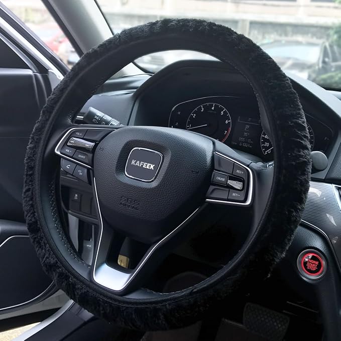 Elastic Long Microfiber Plush Steering Wheel Cover for Winter Warm, Universal 15 inch, Anti-Slip, Odorless, Black