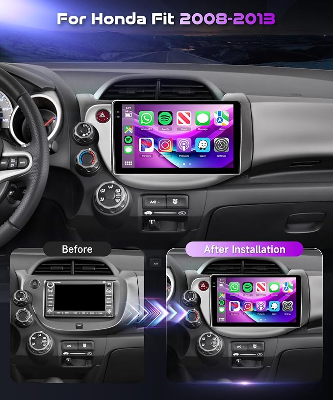[4+64G] Android 15 Car Radio Stereo for Honda Fit 2008-2013 with Wireless CarPlay & Android Auto, 10.1 Inch in-Cell Screen Car Auido with GPS WiFi FM RDS Radio EQ SWC AHD Backup Camera