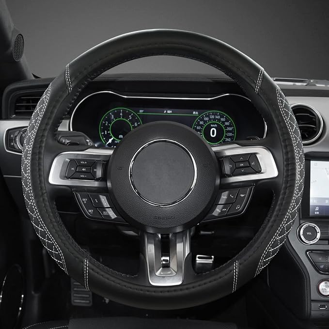 Car Steering Wheel Cover for Ford Escape,Explorer,Fusion,Focus,Bronco,Transit,Edge(Diamond Quilted - Black+Gray- Standard Size)
