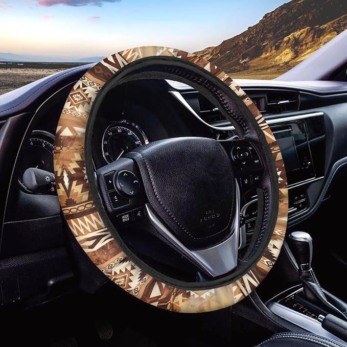 Auto Steering Wheel Cover Universal Stretch 15 Inch Anti-Slip Neoprene Car Steering Wheel Protector for Women Men, Aztec Navajo Geometric Brown