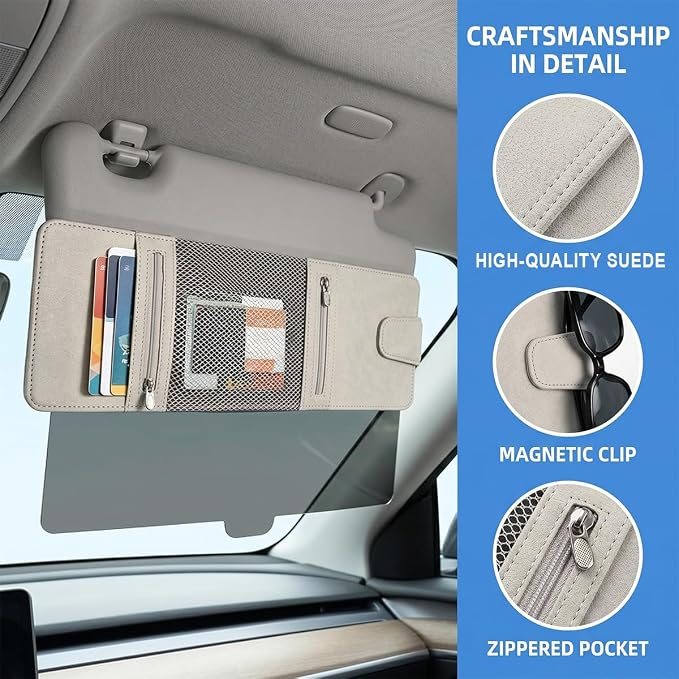 Craedli Car Sun Visor Extender Organizer, 2 in 1 Anti-Glare Sunshade with Magnetic Sunglasses Holder & Mesh Pouch, Multifunctional Adjustable Auto Interior Storage Accessories (LightGray)