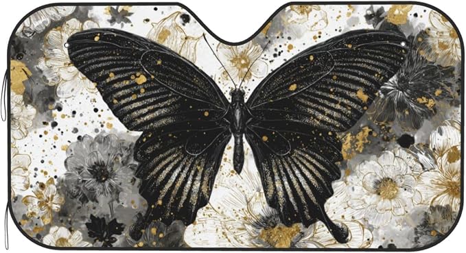Windshield Sun Shade Black Butterfly Art Boho Car Front Window Sunshade Cover for Truck SUV Blocks UV Rays Automotive Visor Interior Protector 55 x 30 inch