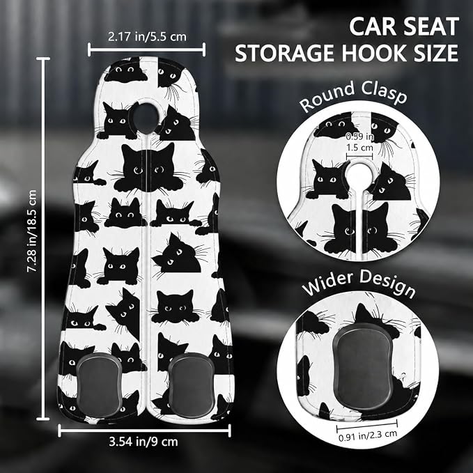 Cute Black Cat Car Seat Back Storage Headrest Hooks for Purses & Bags – 2PCS PU Leather Dual Metal Hooks, Backseat Organizer Accessories