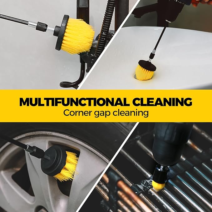 5Pack Drill Brush Attachment Set，Power Scrubber Brush Extended Long Attachment for Bathroom Surfaces, Grout, Floors, bathtubs, Showers, Tiles, Kitchens and Cars，Yellow