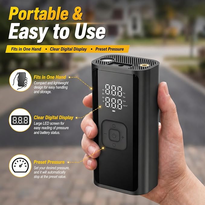 Tire Inflator Portable Air Compressor, 150 PSI 12V DC Corded Car Air Pump with Auto Shut-Off, Digital Display, LED Emergency Light, 3m Power Cord for Car, Motorcycle, Bike, Balls