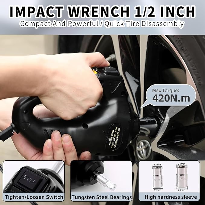 Electric Hydraulic Car Jack Kit 5 Ton 12V Portable Lift Range 17.7 Inch with Impact Wrench and Tire Inflator Pump for SUV Sedan Truck Car Repair Floor Jack for Vehicle Tire Change with LED Light
