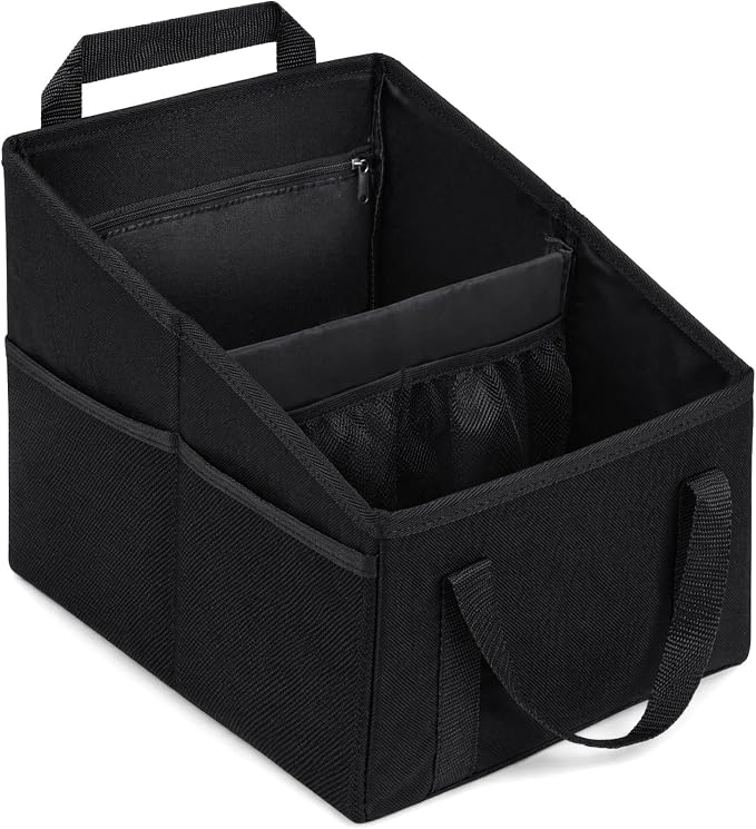 Car Seat Organizer, Collapsible Front Seat Storage Box with Adjustable Divider & Seatbelt Straps, Oxford Multifunctional Car Organizer for Passenger Seat, Backseat & Trunk, Black