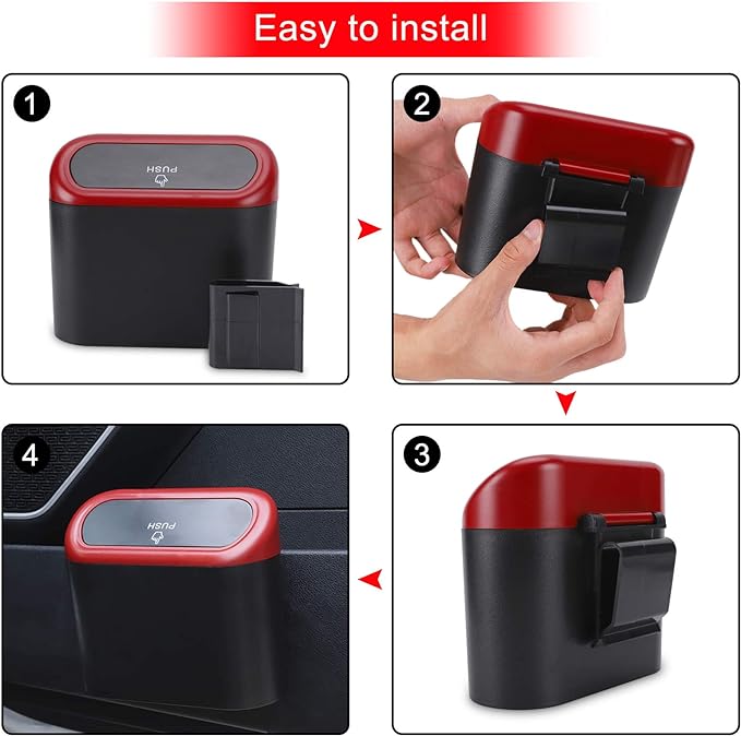 Car Trash Can with Lid, 2 Packs Mini Vehicle Trash Bin Car Dustbin Garbage Organizer Holder with 2 Roll Trash Bag, Portable Hanging Leakproof Cars Storage Bag Container for Auto, SUV (Red)