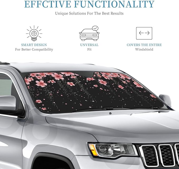 Windshield Sun Shade Black Blooming Cherry Flower Car Front Window Sunshade Cover for Truck SUV Blocks UV Rays Automotive Visor Interior Protector 55 x 30 inch