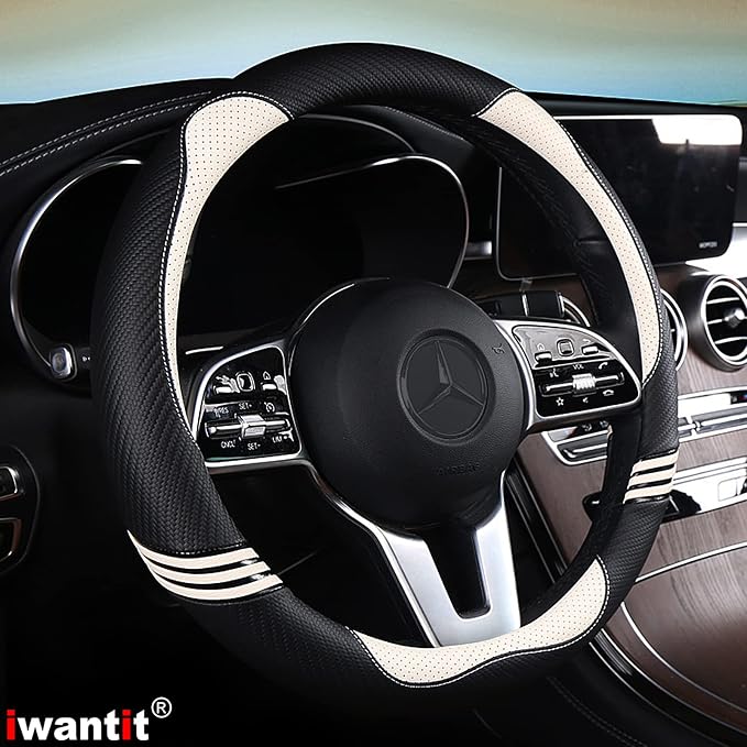 Cute Steering Wheel Cover for Women, Pu Leather with Anti-Slip Rubber Ring, Steering Wheel Protector for Men, Universal Fit 14.5-15 inches for Cars,SUV (Pearl White)