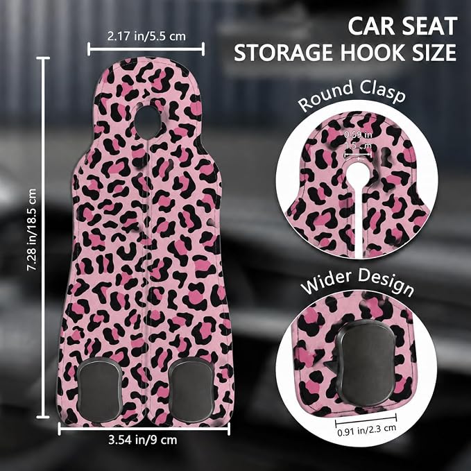 Cute Pink Leopard Car Seat Back Storage Headrest Hooks for Purses & Bags – 2PCS PU Leather Dual Metal Hooks, Backseat Organizer Accessories