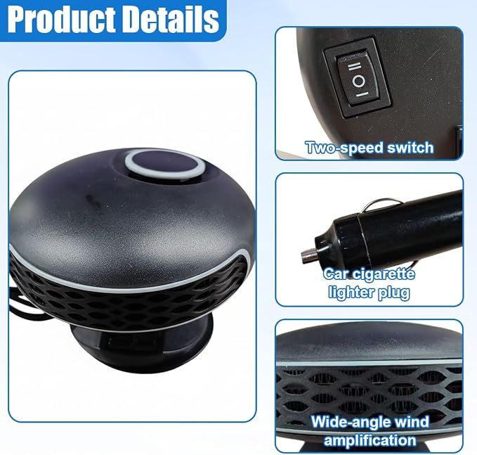 12V 150W Car Heater, Portable 2-in-1 Car Dashboard Defroster with Cigarette Lighter Plug, 360° Rotary Vehicle Fast Heating Fan, Self-Adhesive Windshield Defogger for Most Cars(Black)
