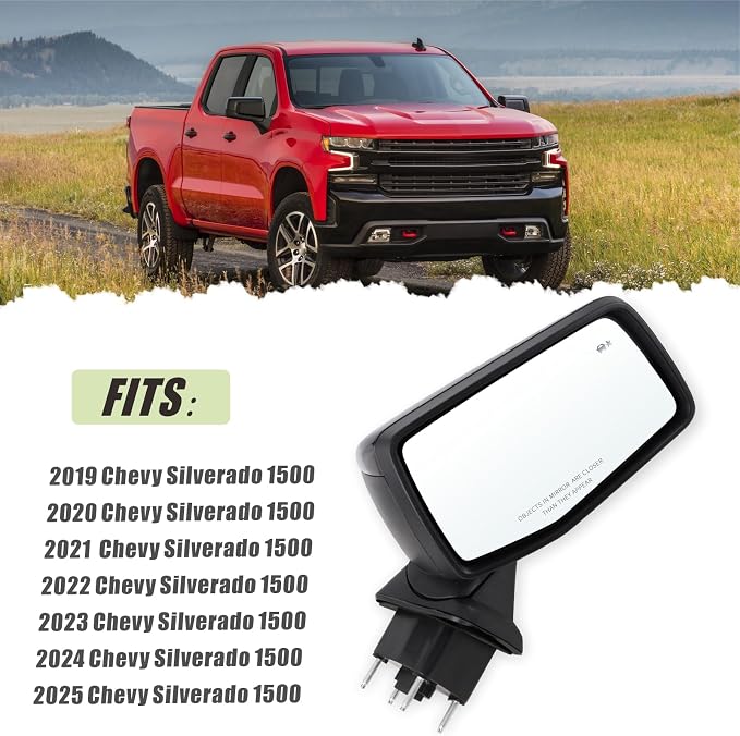 Right Passenger Side Mirror Compatible With 2019-2025 Chevy Silverado 1500 With Power Folding Heated Turn Signal Puddle Lights Memory Temperature Sensor Blind Spot Black Replace#84898868(16Pins)