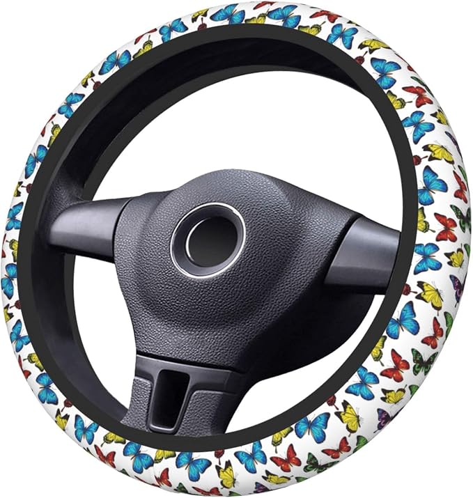 Universal 15-Inch Steering Wheel Cover, Colorful Butterfly Print Neoprene Car Handle Protector, Non-Slip & Durable Auto Decor, Breathable Steering Wheel Wrap for Men and Women