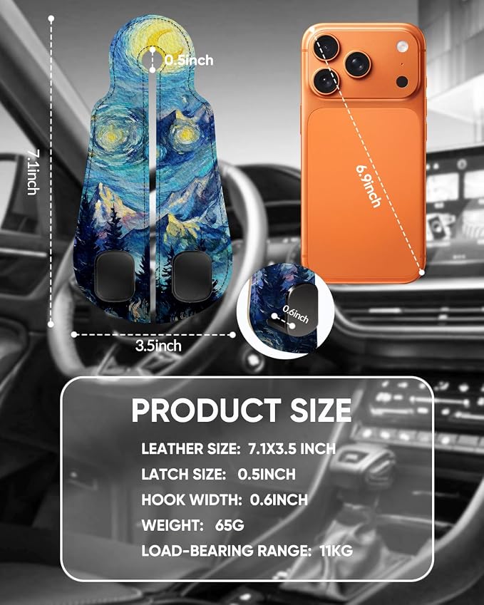 Purse Holder for Car, 2 Pack Heavy Duty Purse Hanger for Car, PU Leather Car Seat Hooks for Purses and Bags, Cute Starry Sky Mountain Headrest Organizer for Handbags & Backpacks
