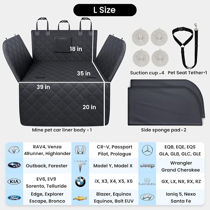 SUV Cargo Liner for Dogs, Full Coverage Non-Slip Cargo Cover with Cushioned Sides to Protect Your Dog, Waterproof & Durable, Machine Washable Trunk Protector Mat (L, Black)