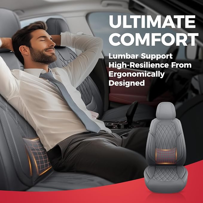 Gray Car Seat Cover Full Set - Faux Nappa Leather Seat Covers for Cars, Luxury Breathable Waterproof Front Seats Cushion Protectors with Lumbar Support, Universal Fit for Sedans SUVs Pickups
