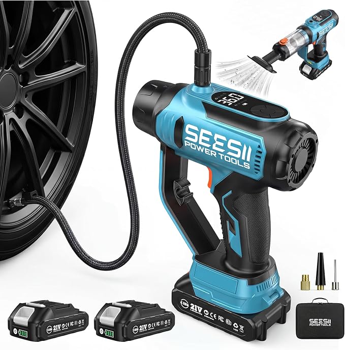 Cordless Tire Inflator Portable Air Compressor, 21V 150PSI Fast Inflation Handheld Air Pump with 20000Pa Vacuum, Dual Rechargeable Battery, Auto Shut Off, Digital Gauge, LED Light for Car, Bike