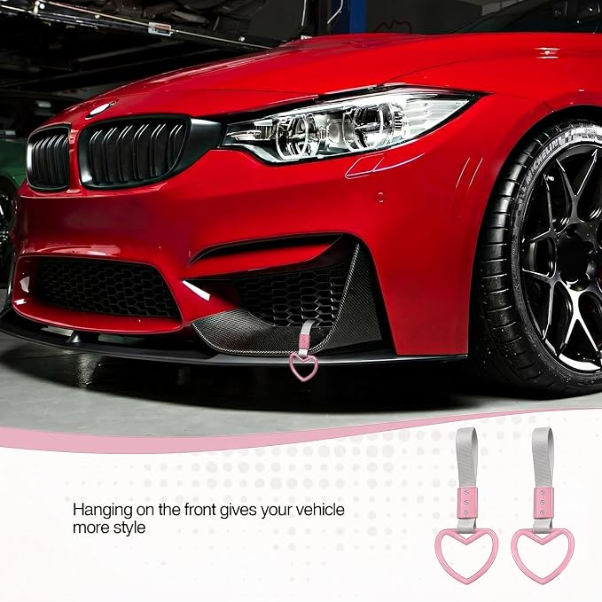 2PCS Heart Shaped Car Handle Straps, Rear Bumper Warning Keychain Ring for Car Exterior Accessories (Pink-Silver)