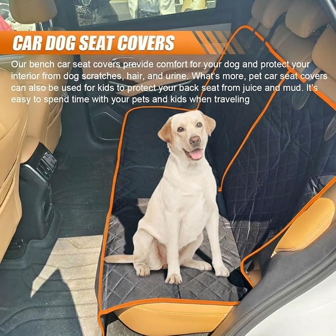 Car Back Seat Cover for Dog, Waterproof Nonslip Car Seat Protector for Pet Kids, Pet Bench Backseat Cover for Cars SUVs Trucks, 53" (Orange)